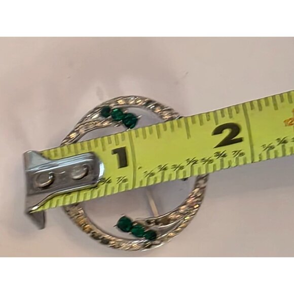 Vintage Silver Tone Circle Brooch With Green & Clear Rhinestones - Picture 5 of 5
